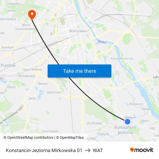 Konstancin-Jeziorna Mirkowska 01 to WAT map