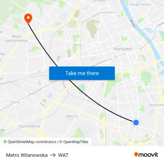Metro Wilanowska to WAT map