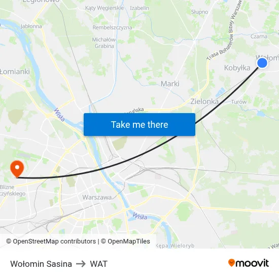 Wołomin Sasina to WAT map