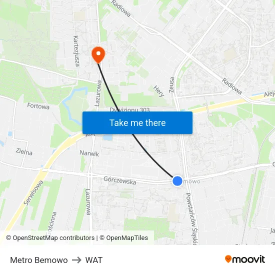 Metro Bemowo to WAT map