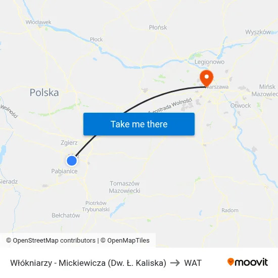 Włókniarzy - Mickiewicza (Dw. Ł. Kaliska) to WAT map