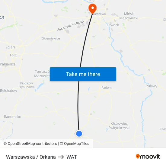 Warszawska / Orkana to WAT map