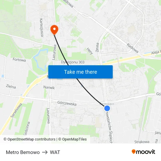 Metro Bemowo to WAT map