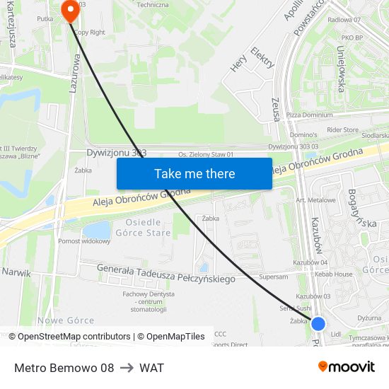 Metro Bemowo 08 to WAT map