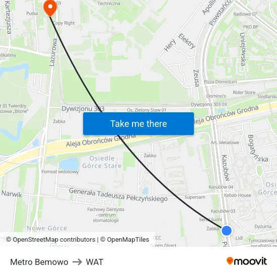 Metro Bemowo to WAT map