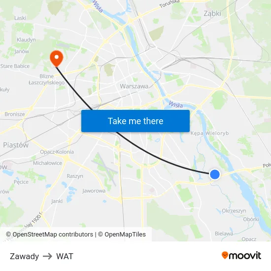Zawady to WAT map
