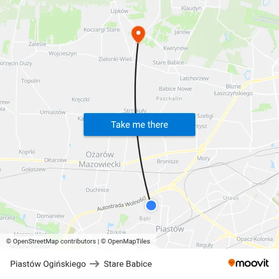 Piastów Ogińskiego to Stare Babice map