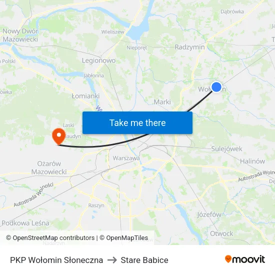 PKP Wołomin Słoneczna to Stare Babice map