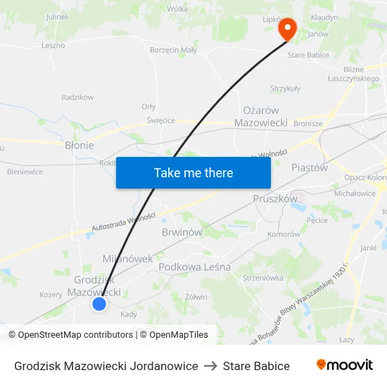 Grodzisk Mazowiecki Jordanowice to Stare Babice map