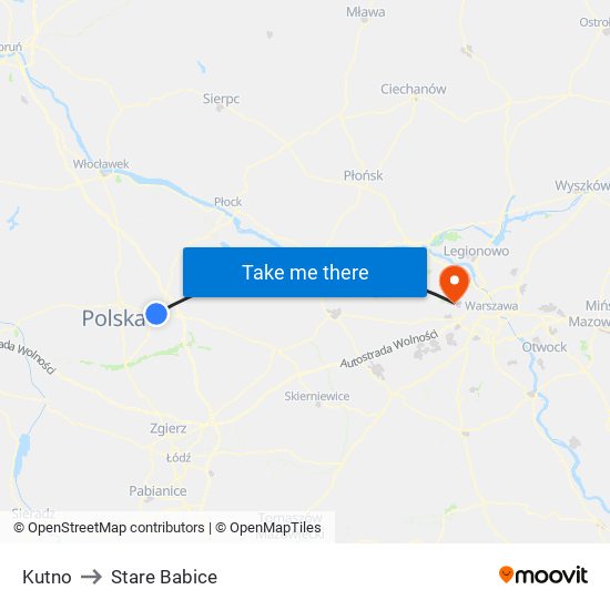 Kutno to Stare Babice map