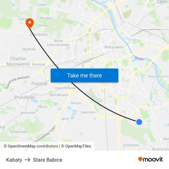 Kabaty to Stare Babice map