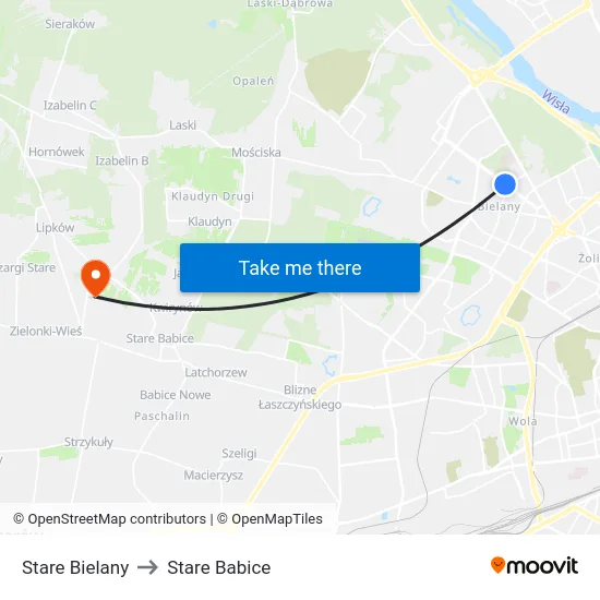 Stare Bielany to Stare Babice map