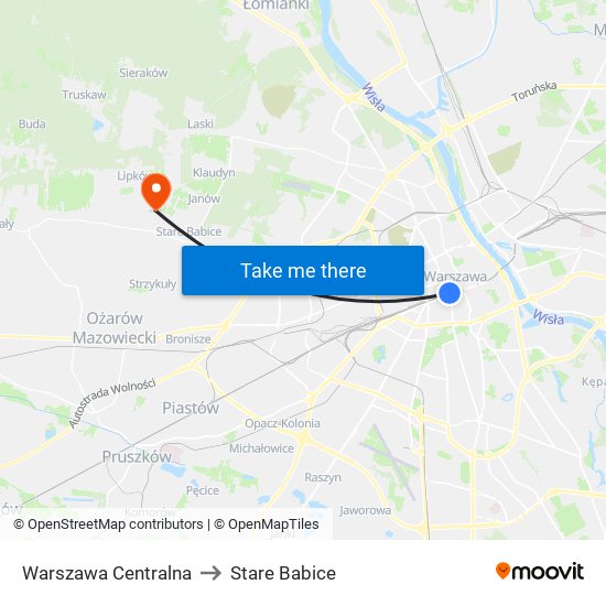 Warszawa Centralna to Stare Babice map