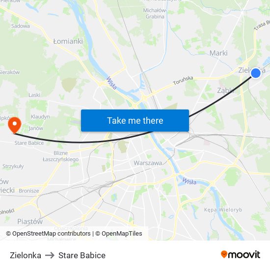 Zielonka to Stare Babice map