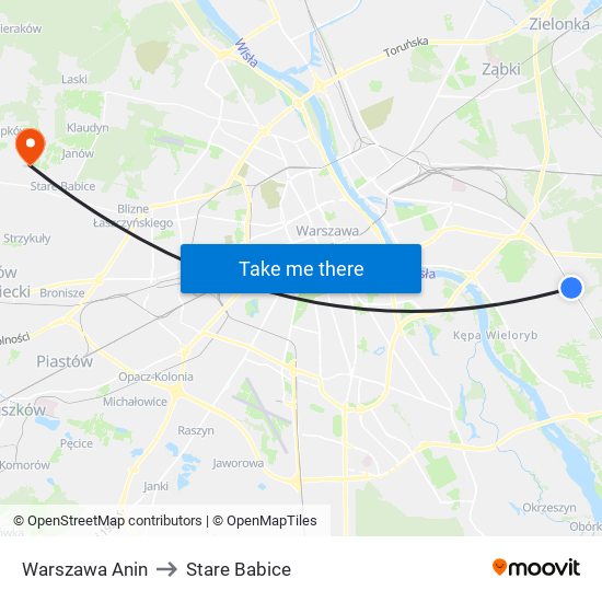 Warszawa Anin to Stare Babice map