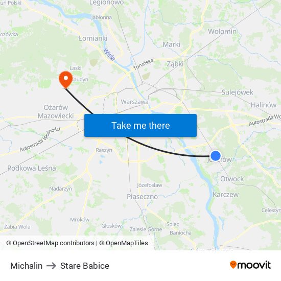 Michalin to Stare Babice map