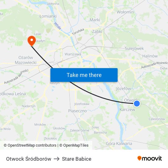 Otwock Śródborów to Stare Babice map