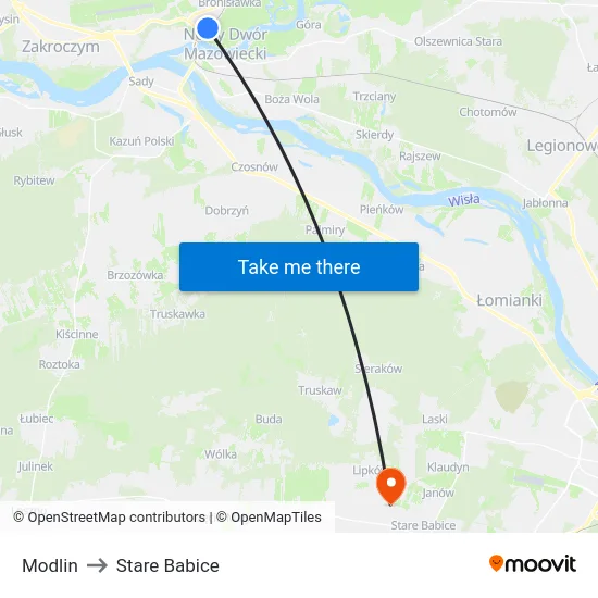 Modlin to Stare Babice map