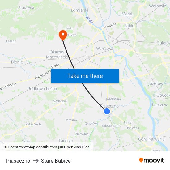 Piaseczno to Stare Babice map