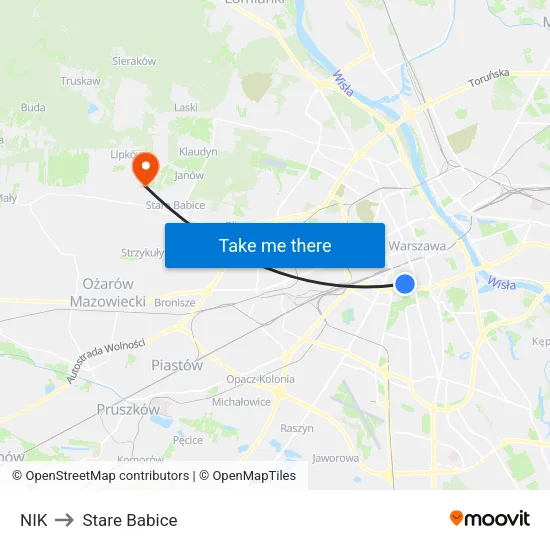NIK to Stare Babice map