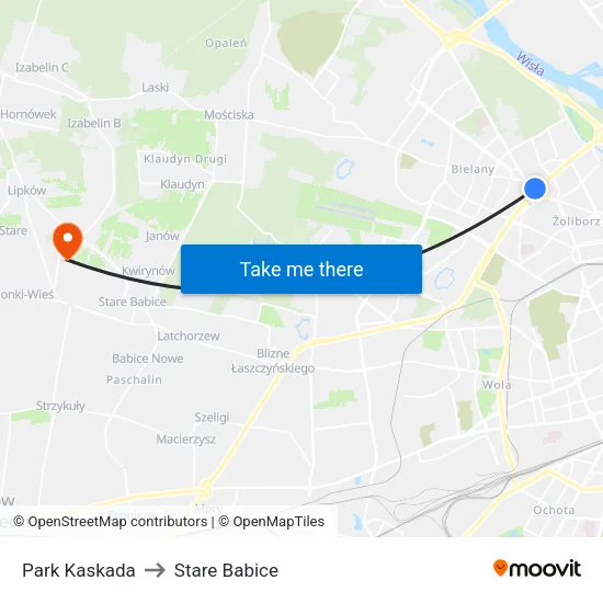 Park Kaskada to Stare Babice map
