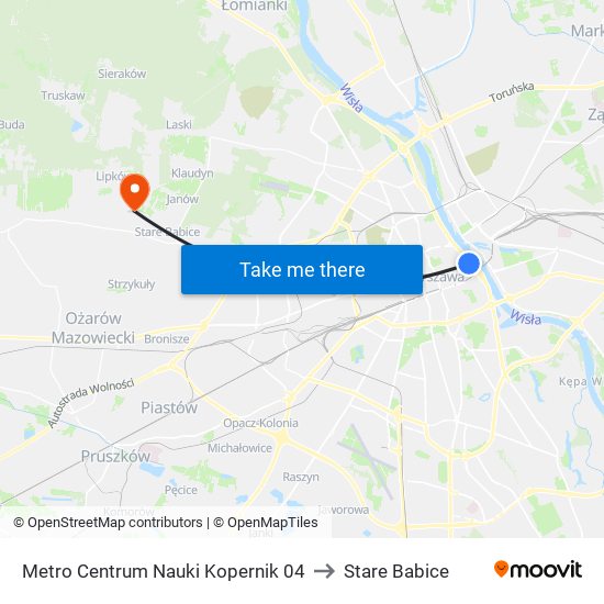 Metro Centrum Nauki Kopernik to Stare Babice map