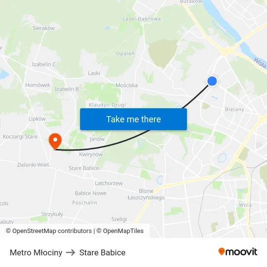 Metro Młociny to Stare Babice map