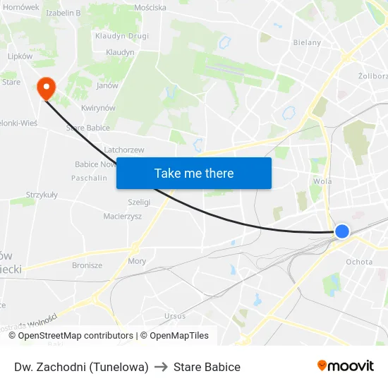 Dw. Zachodni (Tunelowa) to Stare Babice map