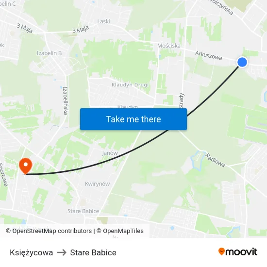 Księżycowa to Stare Babice map