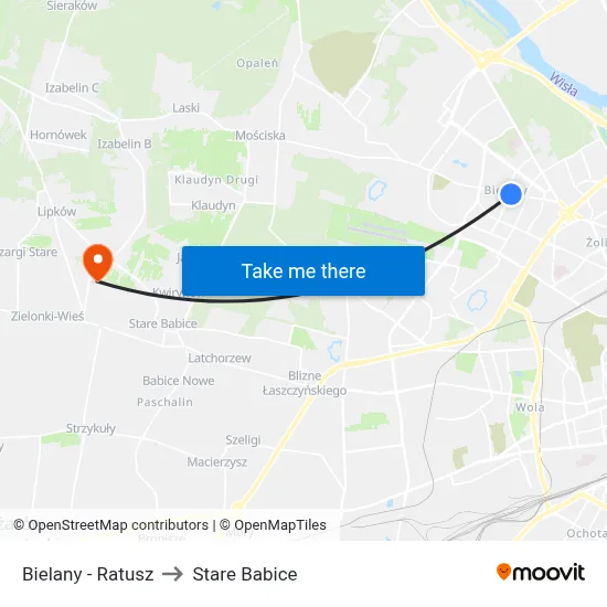Bielany - Ratusz to Stare Babice map