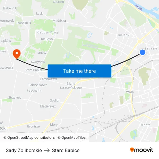 Sady Żoliborskie to Stare Babice map