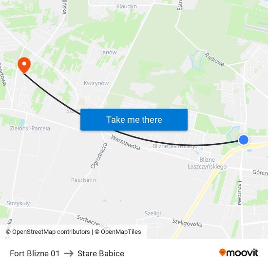 Fort Blizne to Stare Babice map