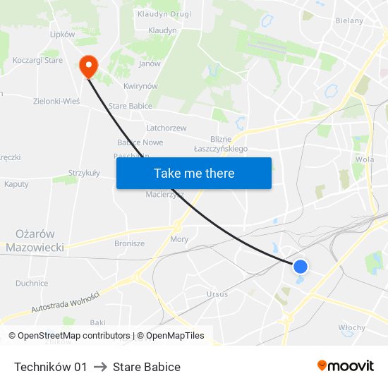 Techników to Stare Babice map