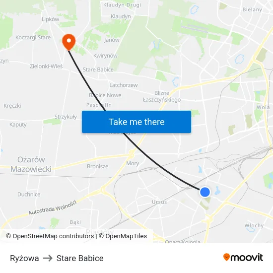 Ryżowa to Stare Babice map