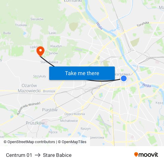 Centrum to Stare Babice map