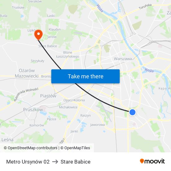 Metro Ursynów to Stare Babice map