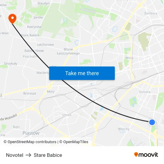 Novotel to Stare Babice map