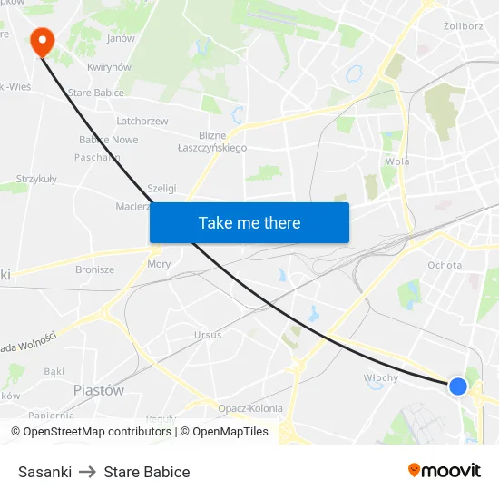 Sasanki to Stare Babice map