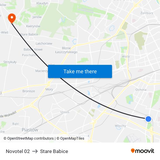 Novotel to Stare Babice map