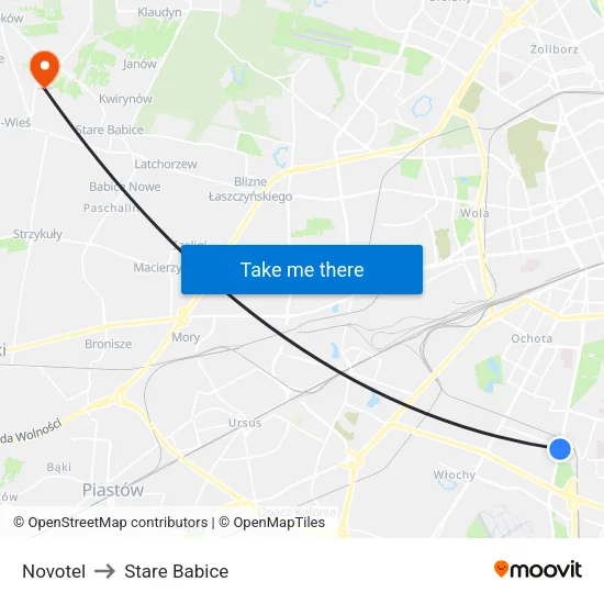 Novotel to Stare Babice map