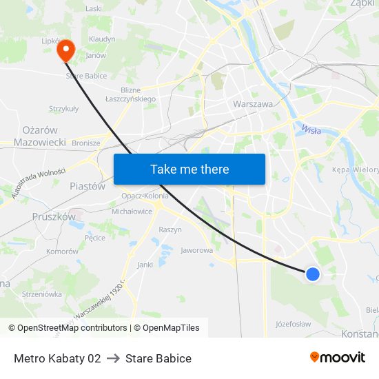 Metro Kabaty to Stare Babice map