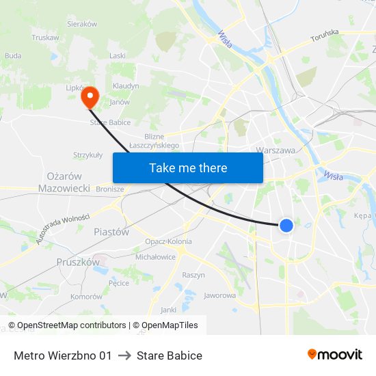 Metro Wierzbno to Stare Babice map