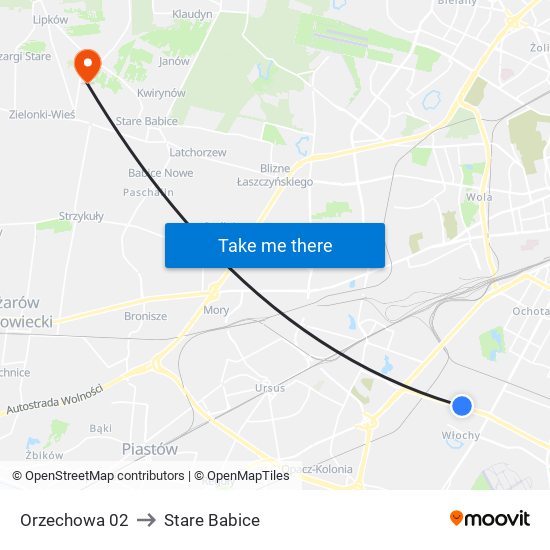 Orzechowa to Stare Babice map