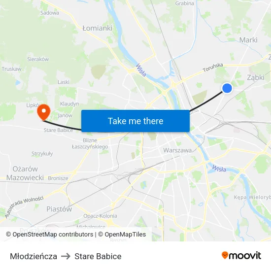 Młodzieńcza to Stare Babice map