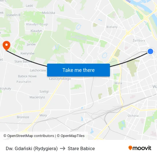 Dw. Gdański (Rydygiera) to Stare Babice map