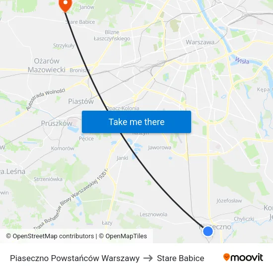 Piaseczno Powstańców Warszawy to Stare Babice map