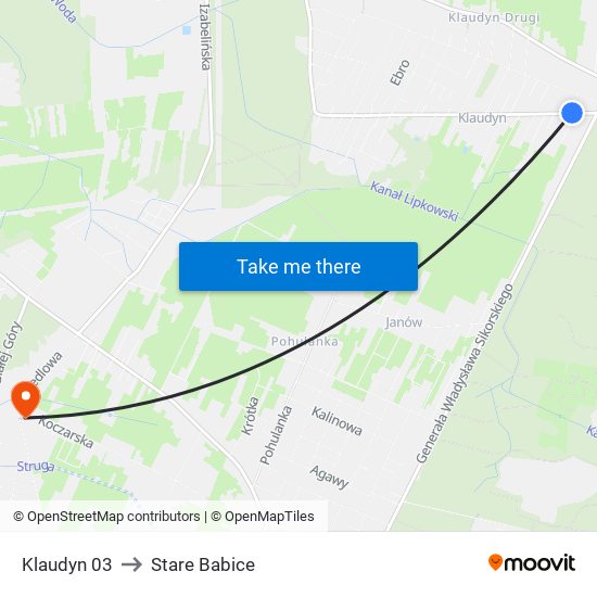 Klaudyn to Stare Babice map