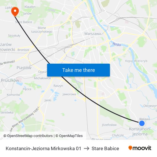 Konstancin-Jeziorna Mirkowska 01 to Stare Babice map