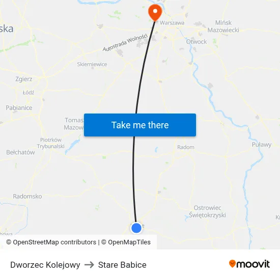 Dworzec Kolejowy to Stare Babice map