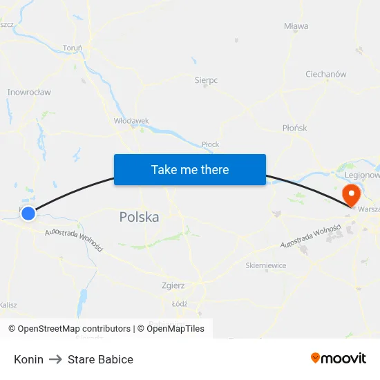 Konin to Stare Babice map